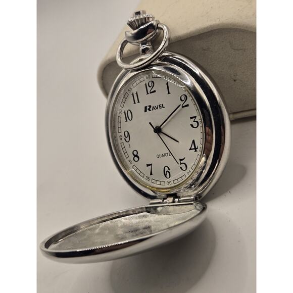 RAVEL POCKET WATCH-Chrome Lid/Clip-SILVER R1001.04. New Battery - Picture 2 of 6